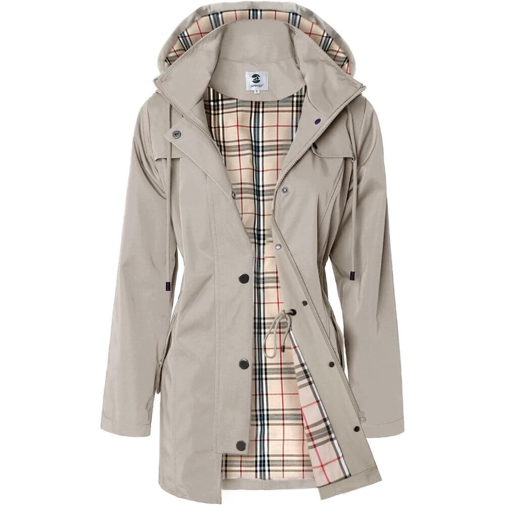 🆕Women's Khaki Waterproof Long Raincoat Outdoor Windbreaker Jacket with Hood